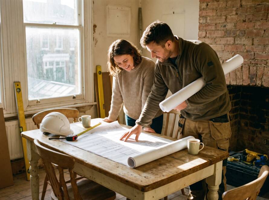 Homeowners reviewing building plans together