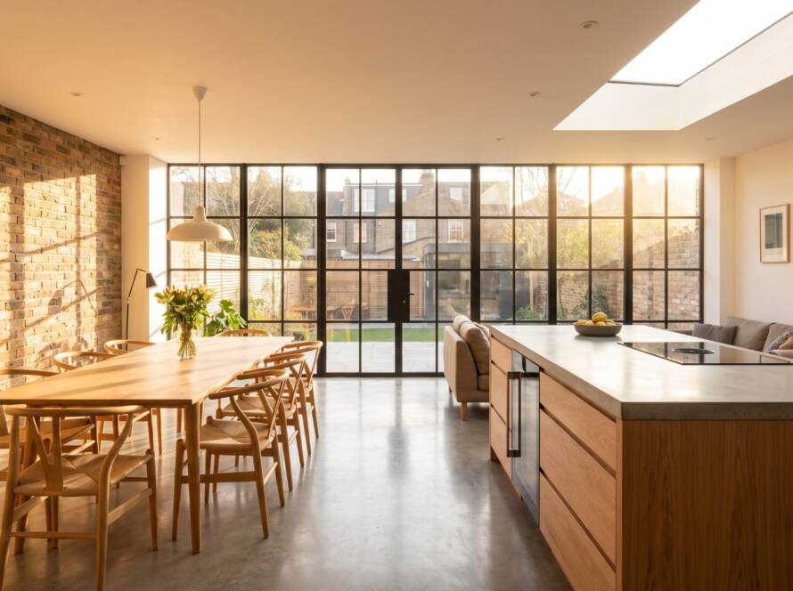 Kitchen extension with glass doors opening to garden at sunset