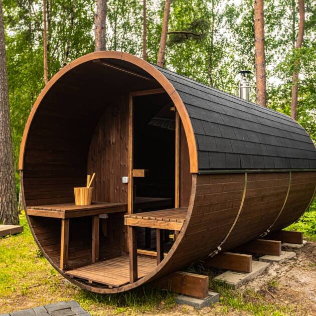 Barrel 250 Sauna – 6-seat curved Thermowood barrel sauna