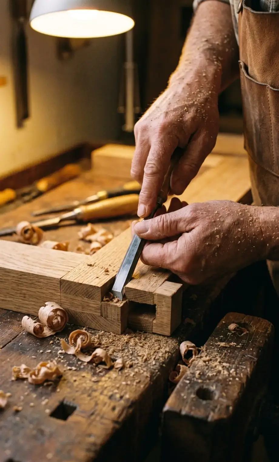 Close-up of bespoke wood joinery being hand-carved